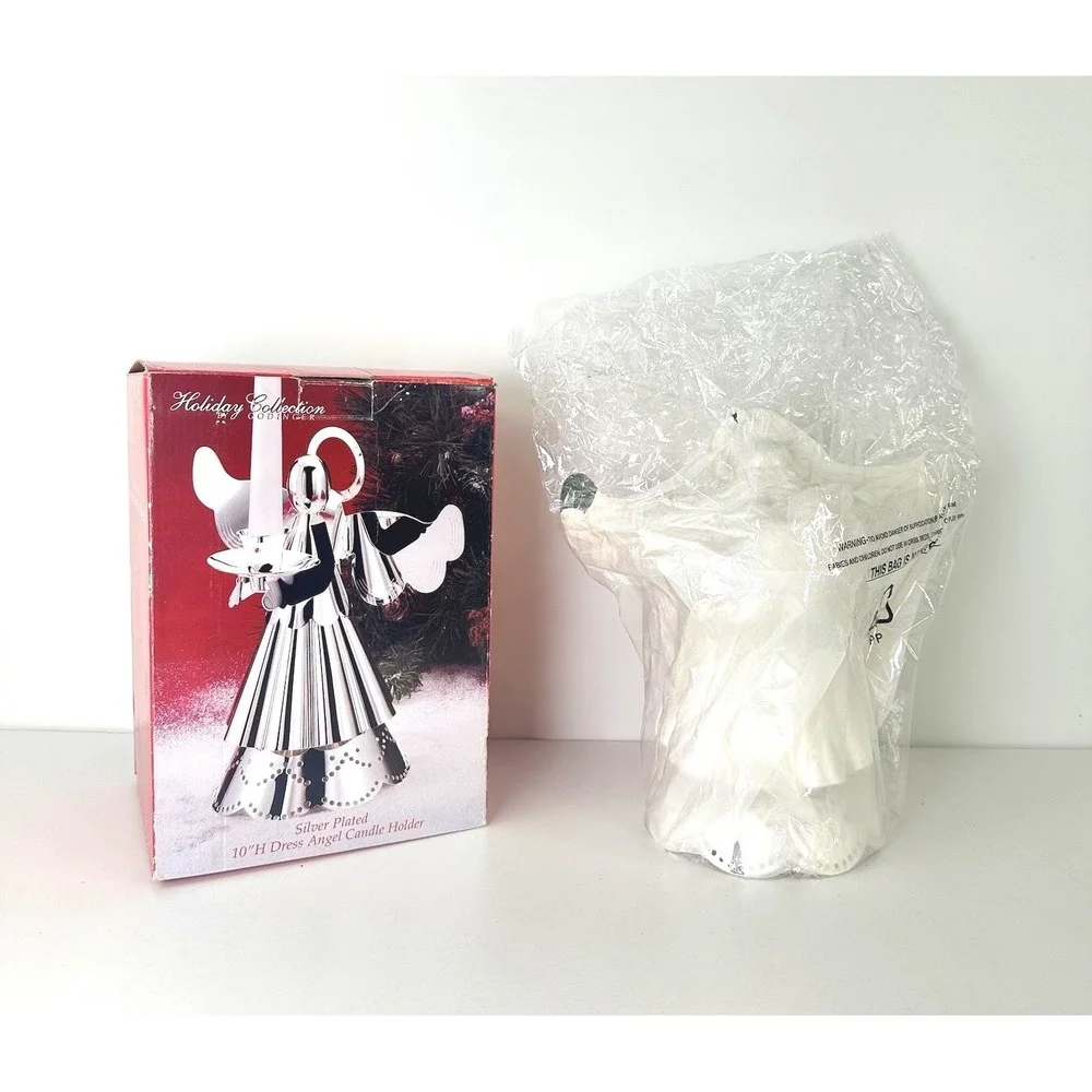NIB Godinger Dress Christmas Angel Candle Stick Holder Silver Plated 10